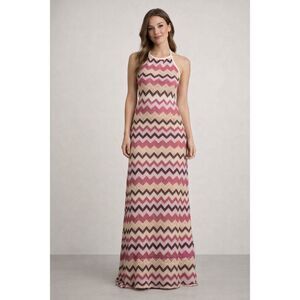 No Comment Pink Chevron Halter Maxi Dress Boho Size M